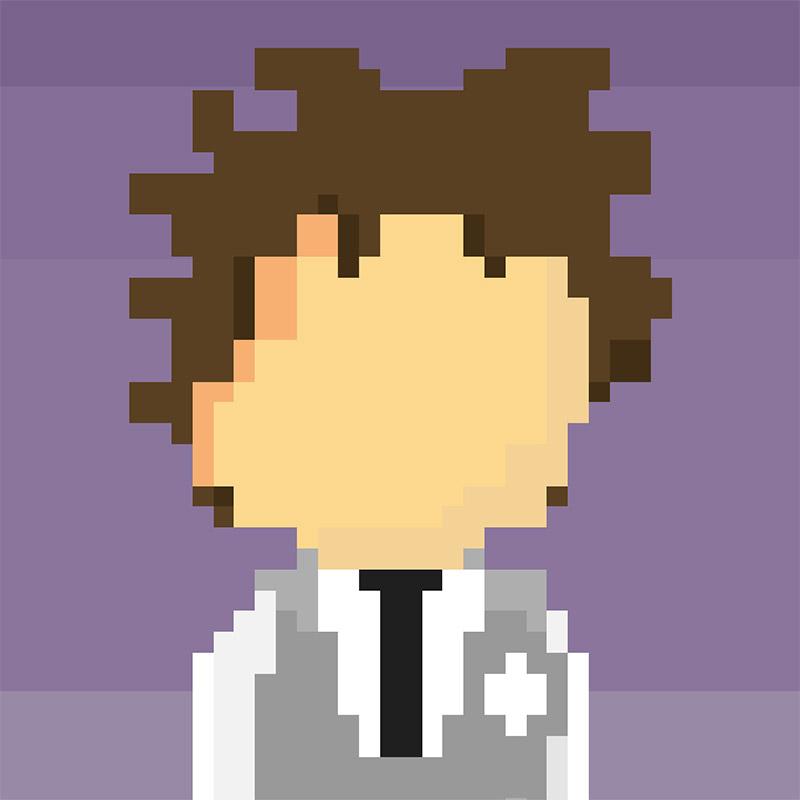 An image of band member Colin using an 8-bit video game style