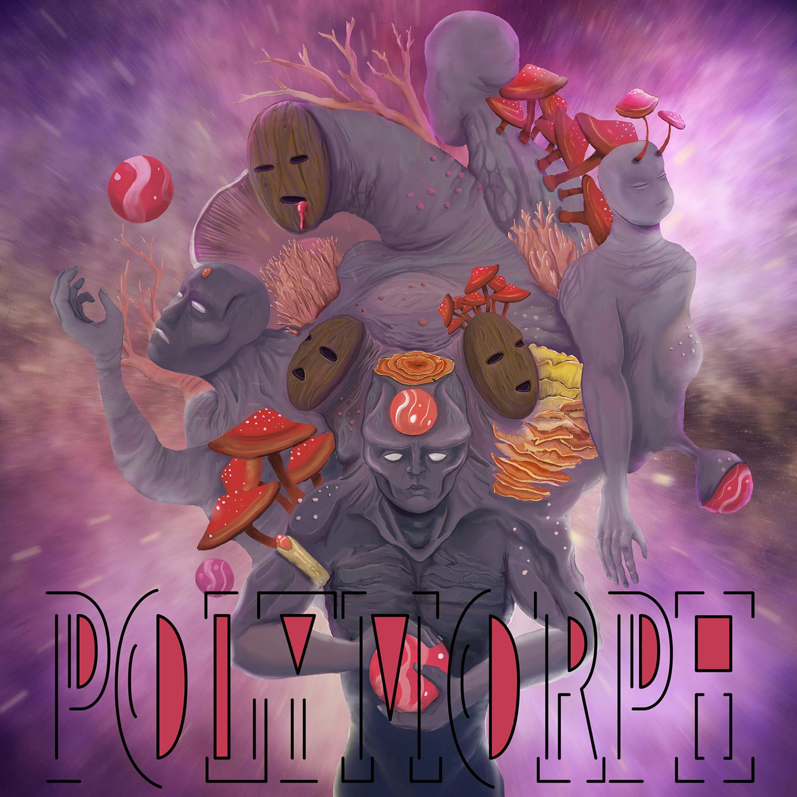 The album art for Polymorph. A cosmic purple and pink background with a mysterious and creepy figure in the foreground. The figure is an alien-like creature made up of several connected bodies and interwoven with fungi. The create is producing pink orbs and holding them in their hand.